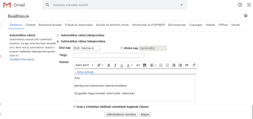 Gmail automatikus válaszok