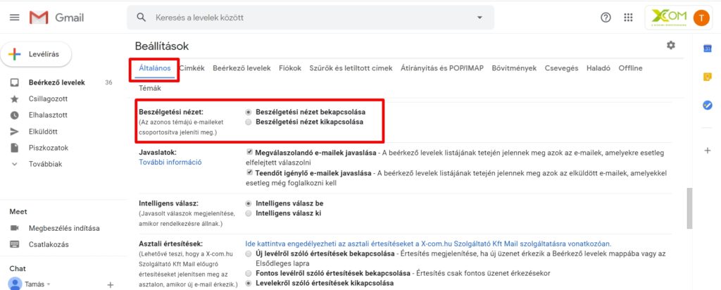 Beszélgetési nézet beállítása a Gmail-ben