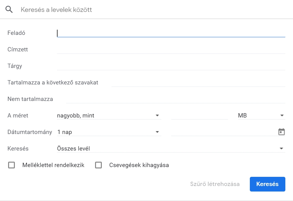 Gmail szűrők, keresés a levelek között