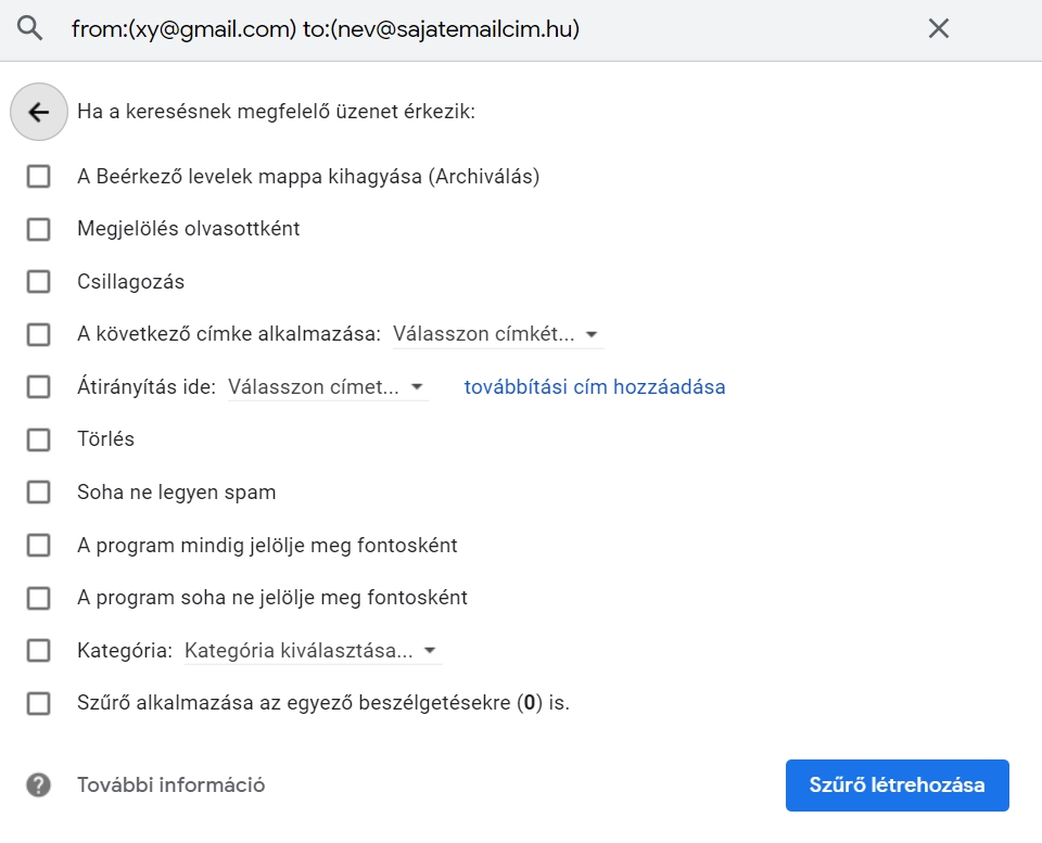 Gmail szűrési feltételek