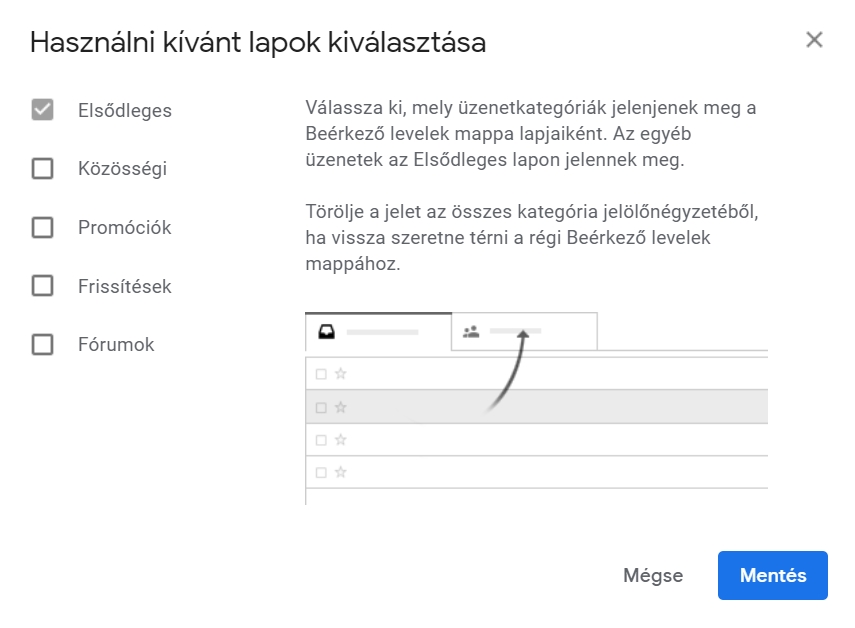 Gmail használni kívánt kategóriák