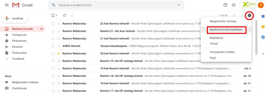 Gmail beérkező levelek beállítása