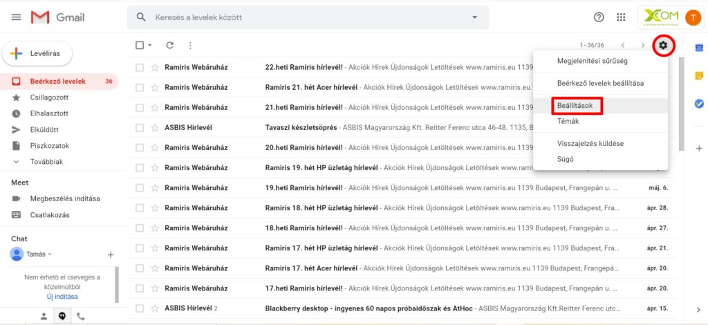 Gmail beállítások