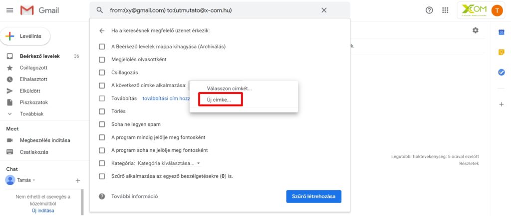 Gmail új címke létrehozása