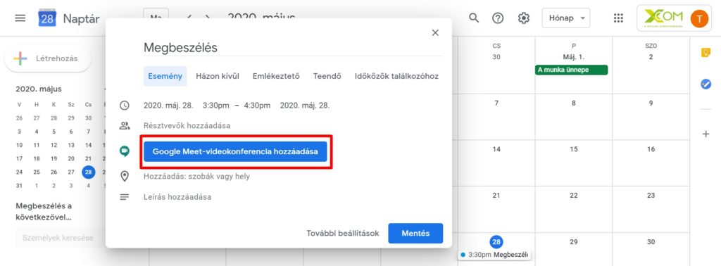 Google Meet videókonferencia hozzáadása egy eseményhez