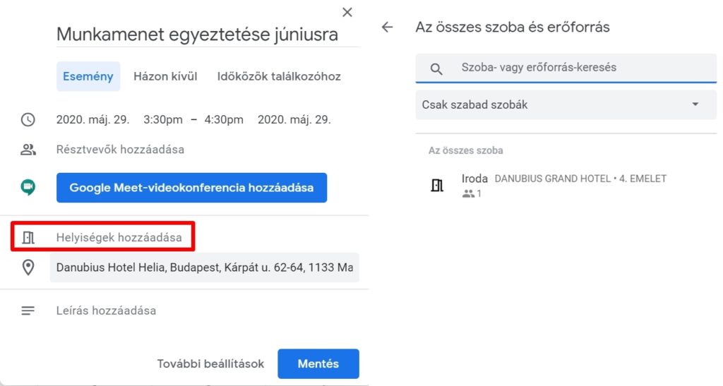 Google naptár helységek kiválasztása