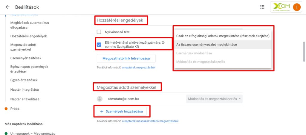 Google naptár jogosultságok beállítása