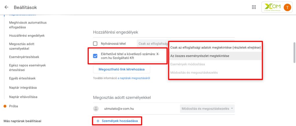 Google naptár jogosultság