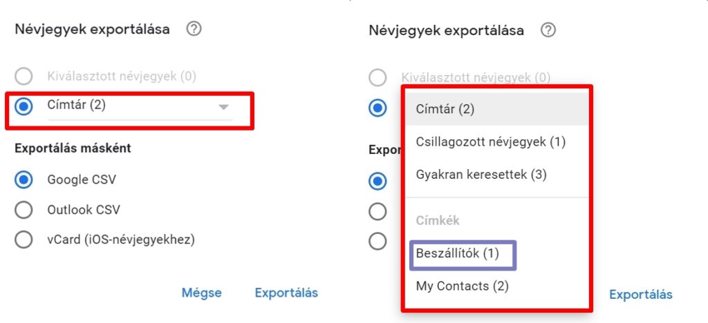 Névjegyek exportálása