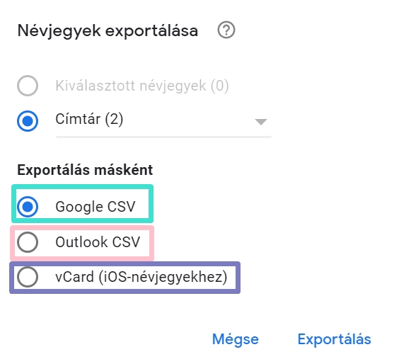 A kiexportálás formátuma