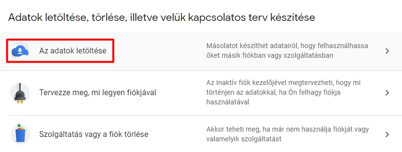 Adatok letöltése a Gmail fiók törlése előtt