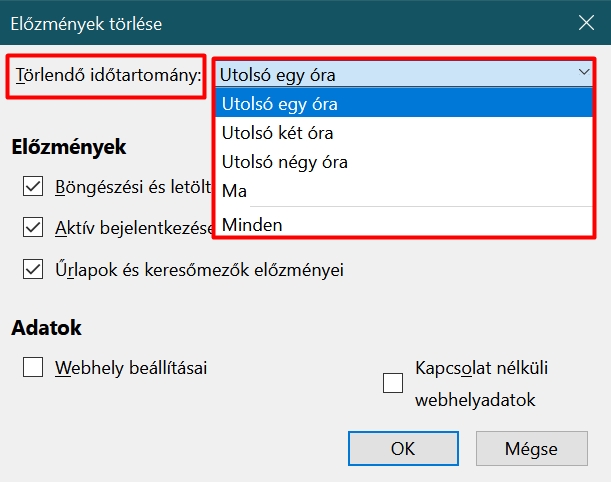 Firefox törlendő előzménytartomány megadása