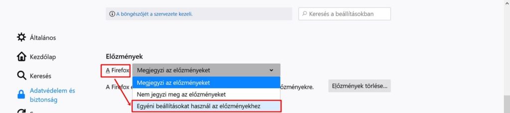 Az előzmények egyéni beállítása  Firefox-ban