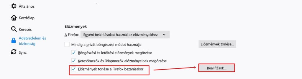 Előzmények törlése a Firefox bezárásakor 