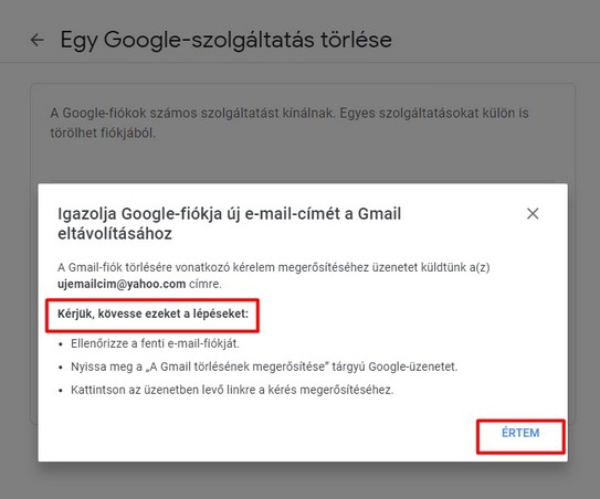 Visszaigazoló e-mail a Gmail törléséről