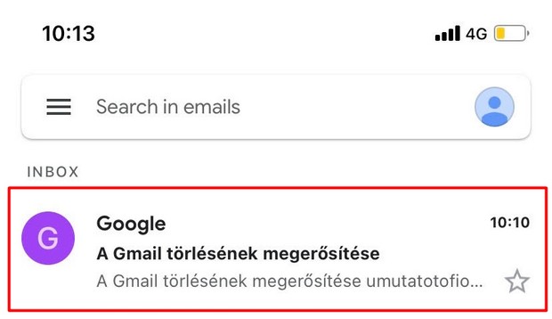 E-mail a fiók törléséről