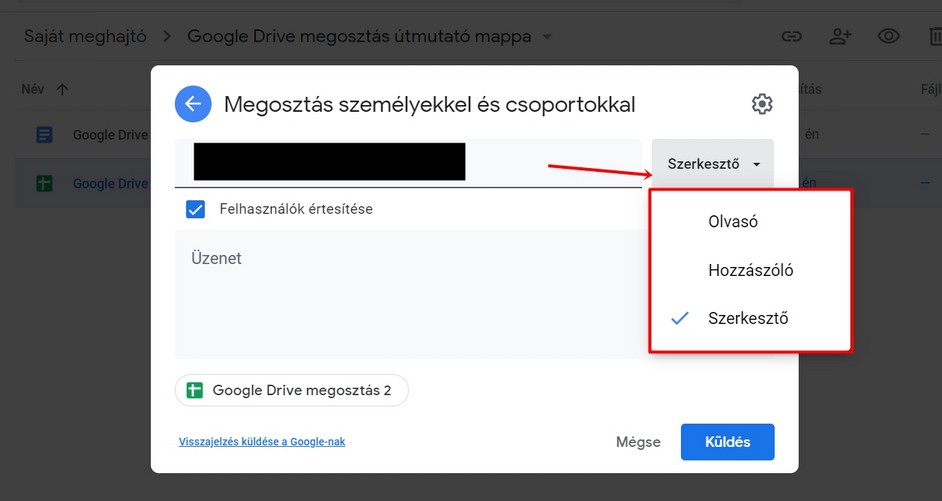 Google Drive megosztási beállítások