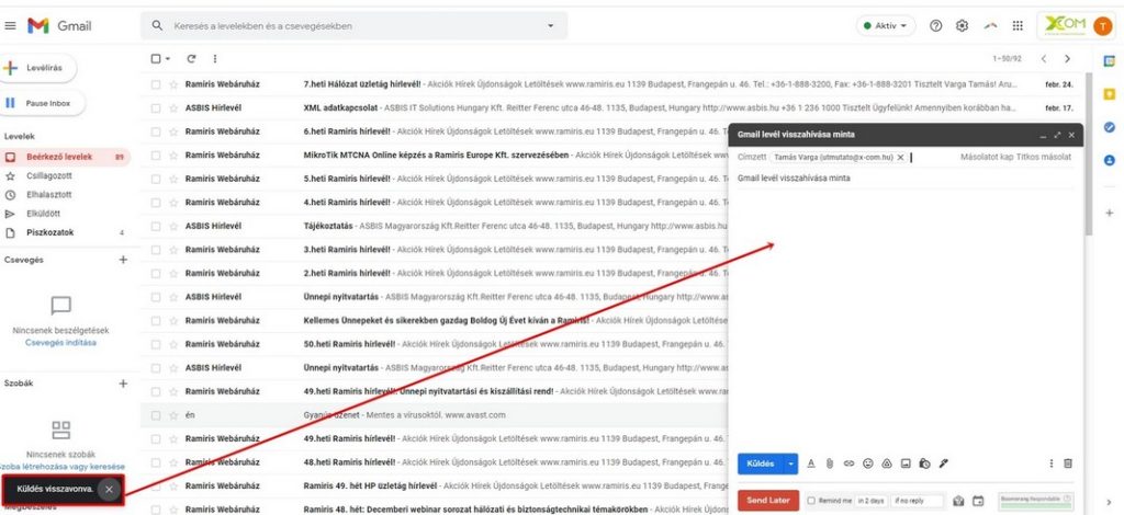 Sikeres levélvisszahívás a Gmail-ben