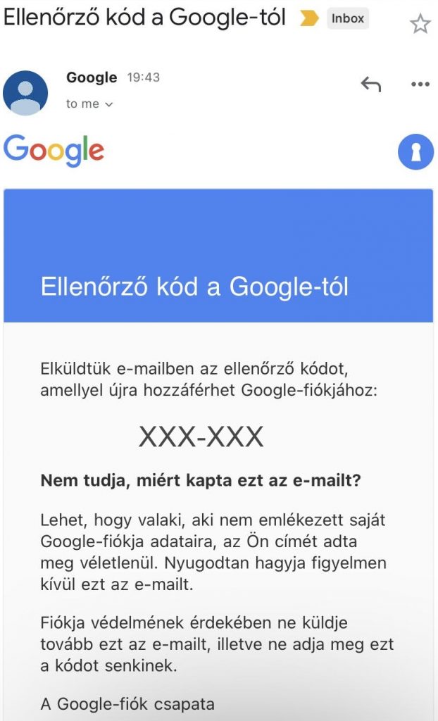 Google fiók helyreállítása-ellenőrző kód megadása