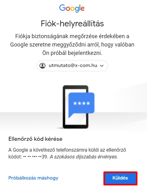 Google fiók helyreállítása-megerősítő kód