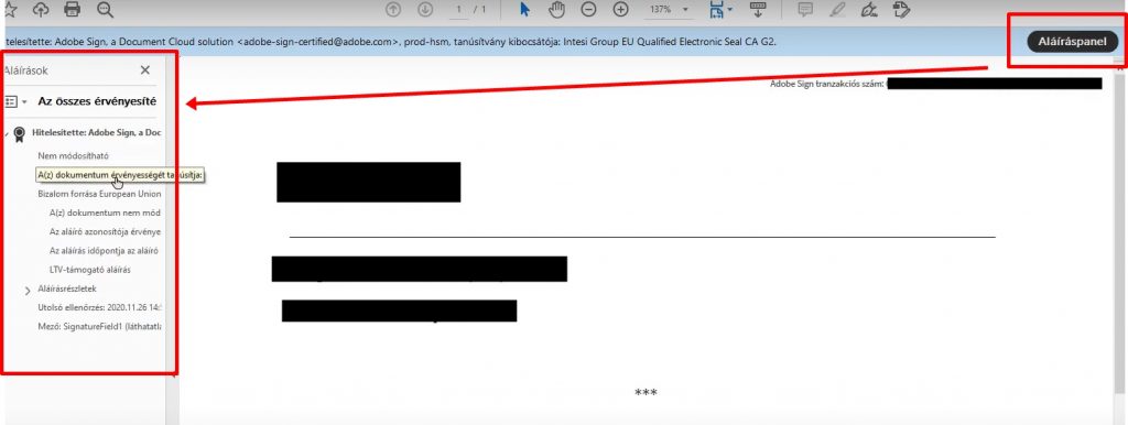Adobe Sign aláíráspanel
